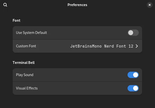 Choosing the JetBrainsMono Nerd Font in GNOME Terminal preferences