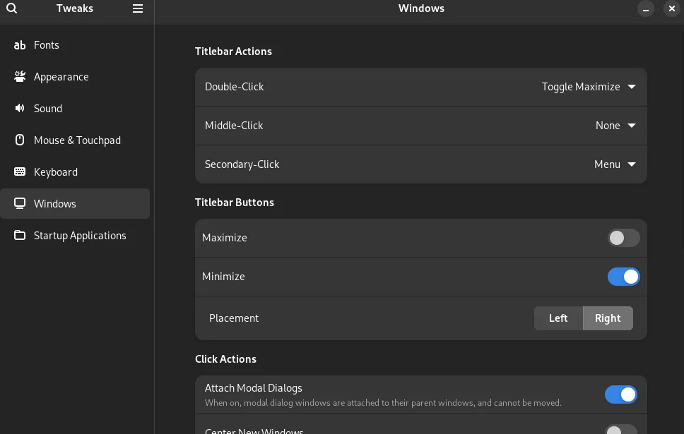 Minimize and maximize buttons enabled in GNOME Tweaks