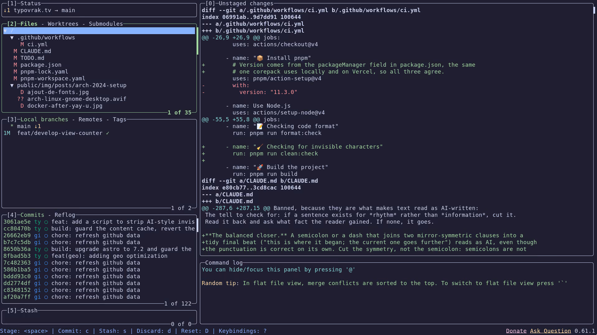 lazygit showing the branch graph of the typovrak.tv repository