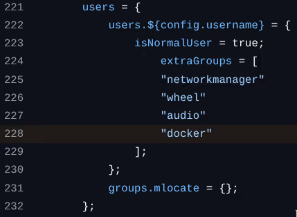 Adding the docker group in one line of the NixOS configuration