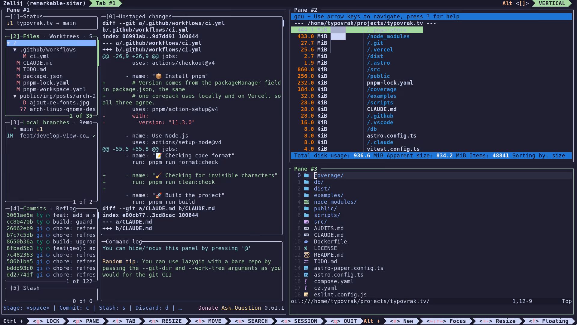 zellij split into three panes with the Catppuccin Mocha green theme