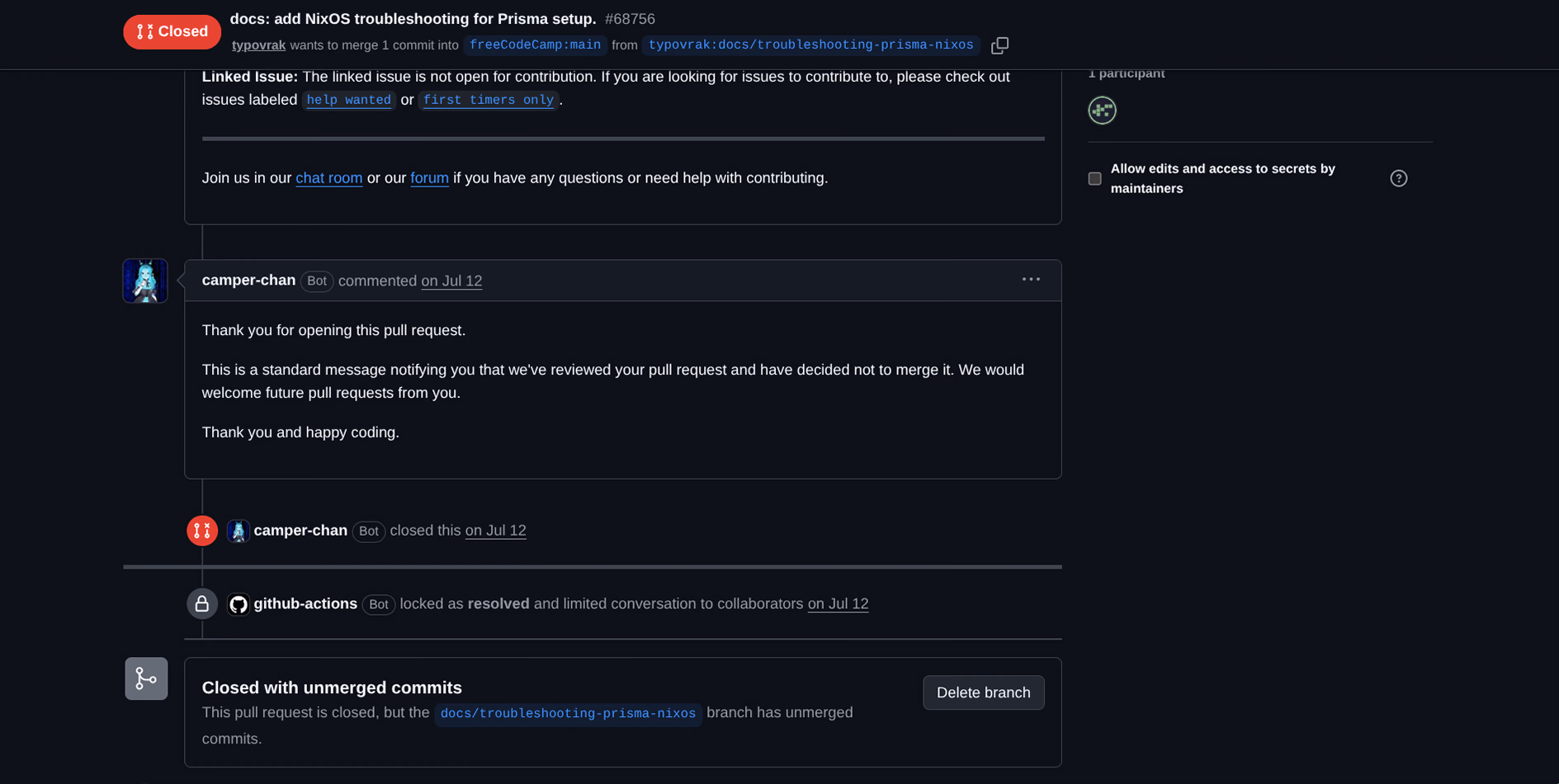 Pull request #68756, one commit and sixteen added lines, closed unmerged and then locked to collaborators