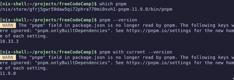 which pnpm, pnpm --version and pnpm with current in one shell, the handover from 11.9.0 down to 10.33.3 and back