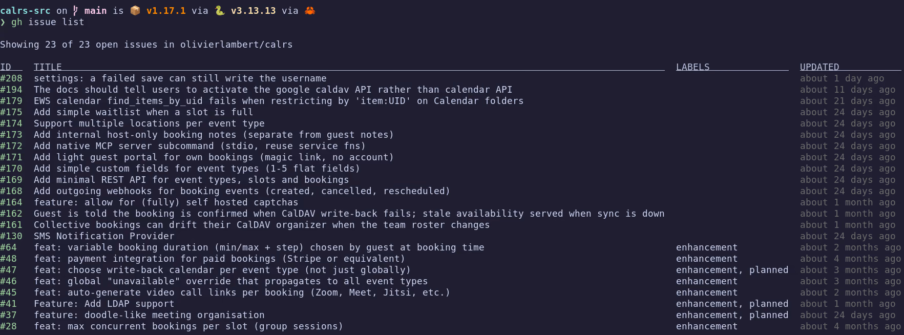 gh issue list on the calrs repository, its 23 open issues in a table of number, title, labels and age