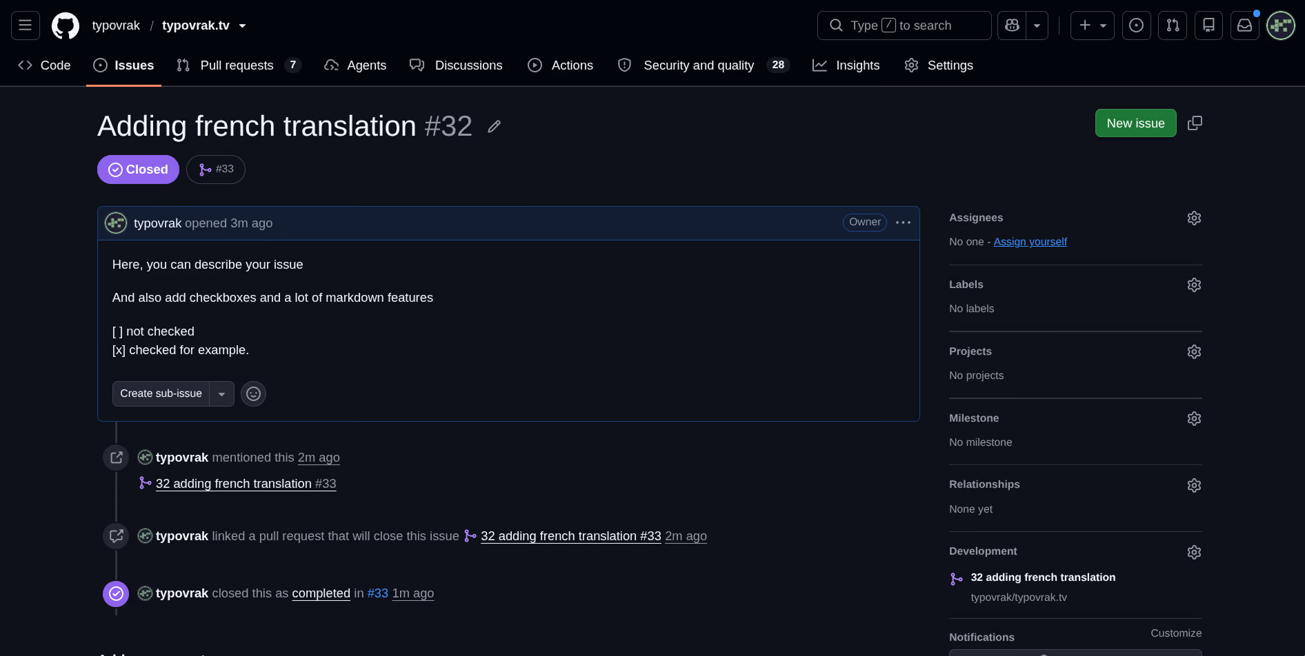 Issue #32 on typovrak.tv, closed automatically by the pull request that merged
