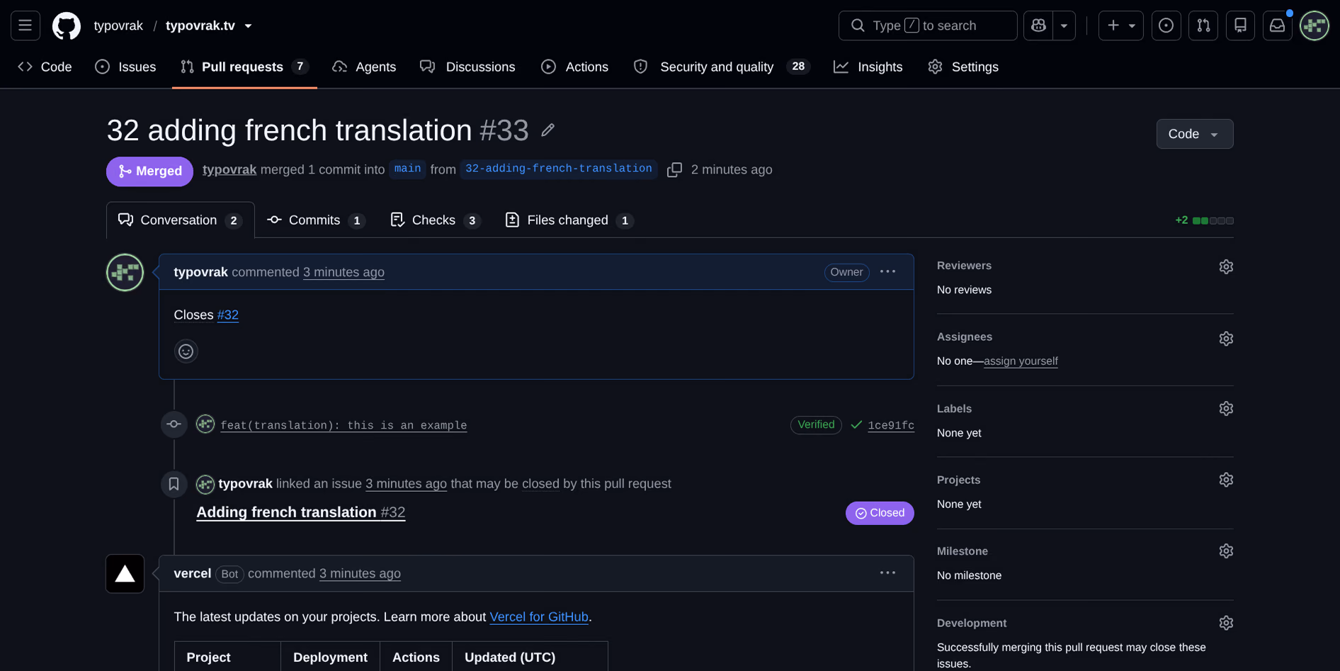 Pull request #33 on typovrak.tv, shown as merged after a rebase onto main