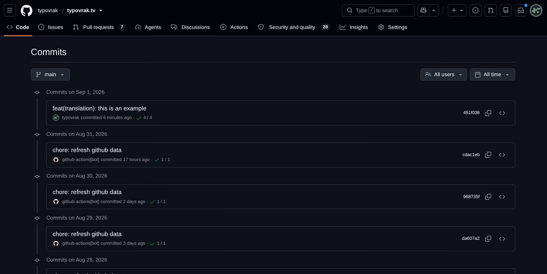 The typovrak.tv commit history on main after the rebase, linear with no merge commit