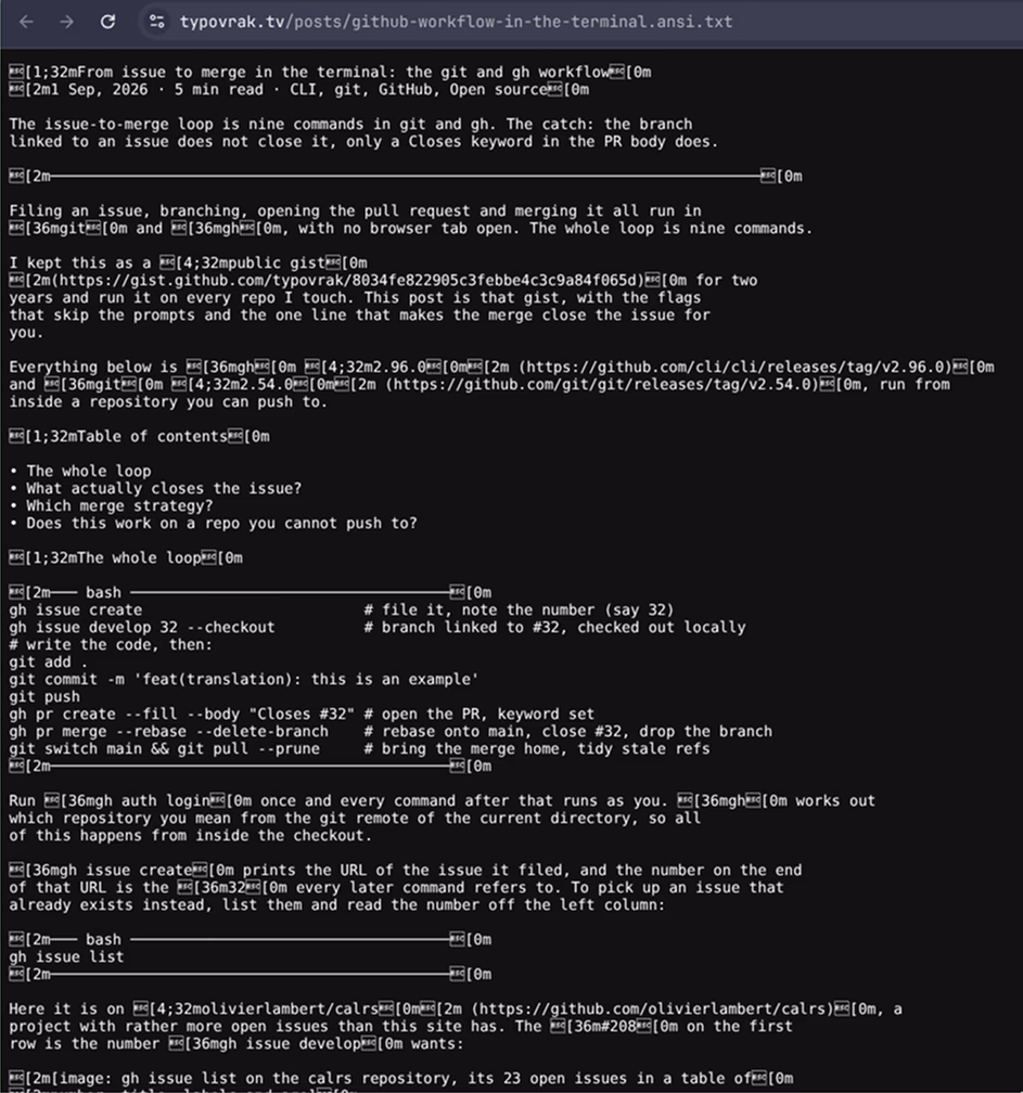 The ansi text file open in a browser, each heading preceded by a boxed ESC and a literal [1;32m