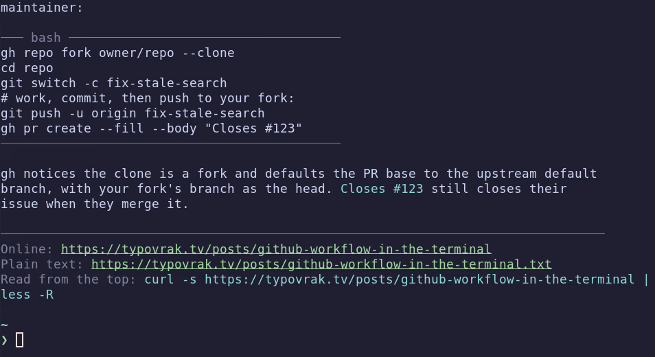 The end of a curled post in a terminal, a bash block above the footer and its Read from the top line