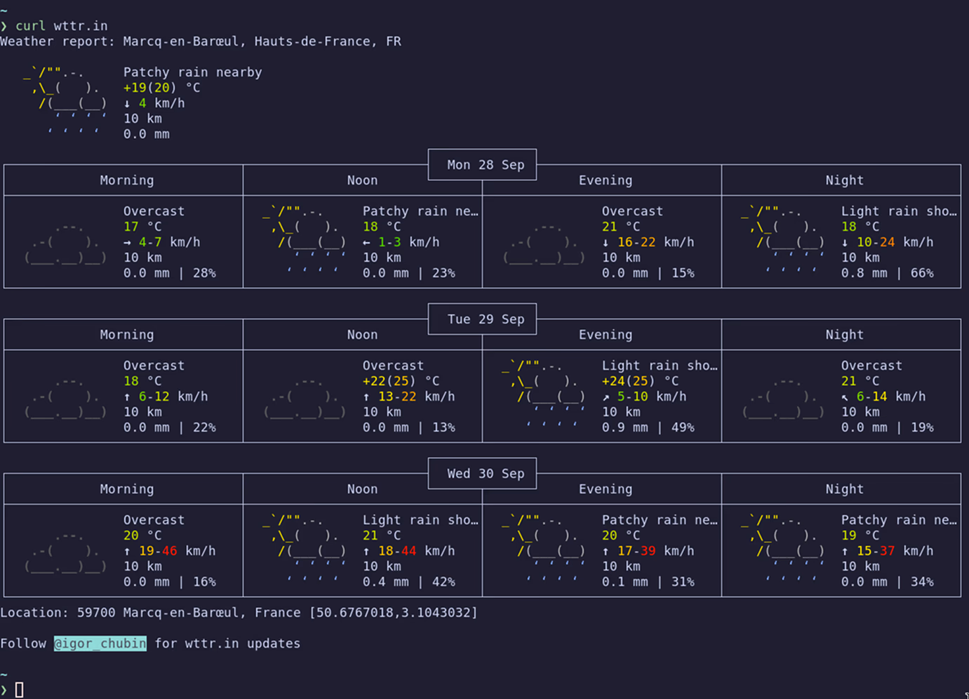 curl wttr.in in a terminal, ascii clouds and three days of forecast in colour-coded box-drawing tables