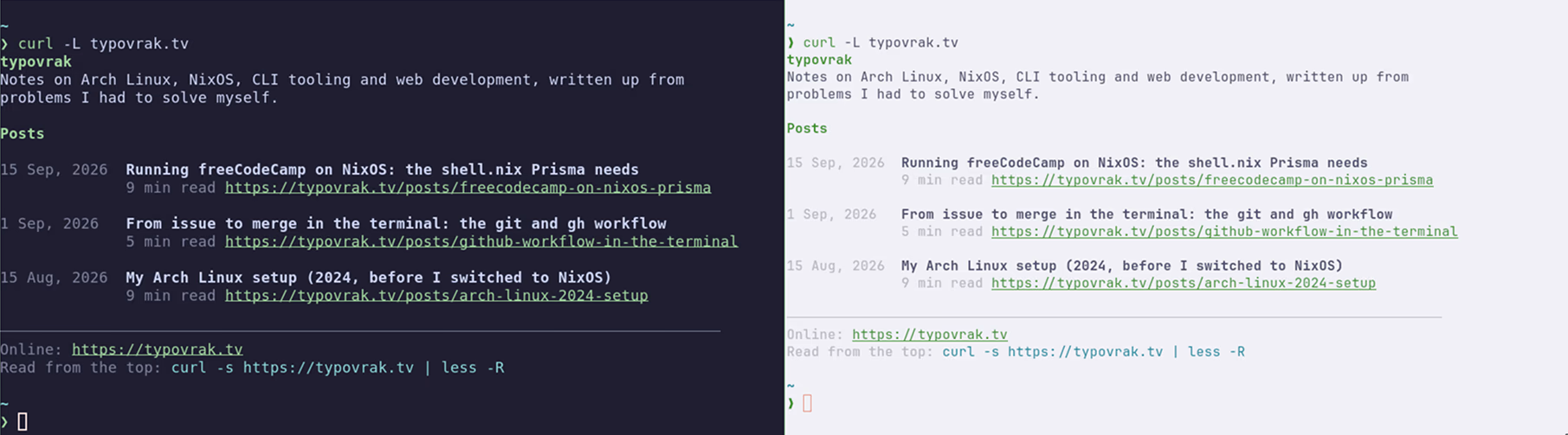 The same index output under Catppuccin Mocha and Latte, the bold green title taking a different shade from each