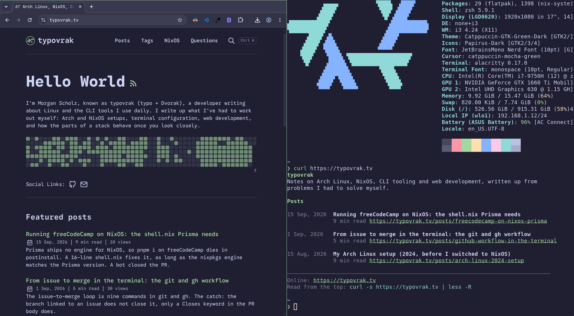 The same typovrak.tv URL in a browser and in a terminal, html on the left and text on the right